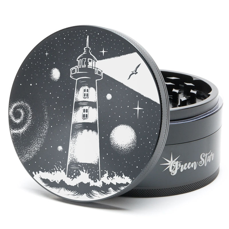 Green Star Scenic Large 4-Piece Grinder - Style:Lighthouse - Color:Black