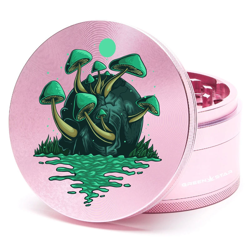 Green Star Scenic Large 4-Piece Grinder - Style:Skull Mushrooms - Color:Pink