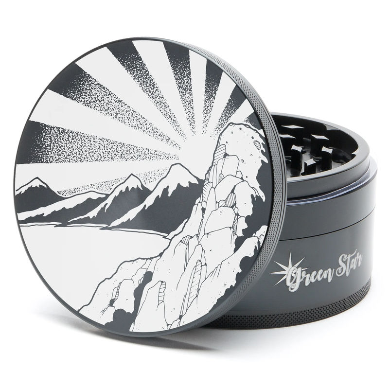 Green Star Scenic Large 4-Piece Grinder - Style:Rising Sun Mountain - Color:Black