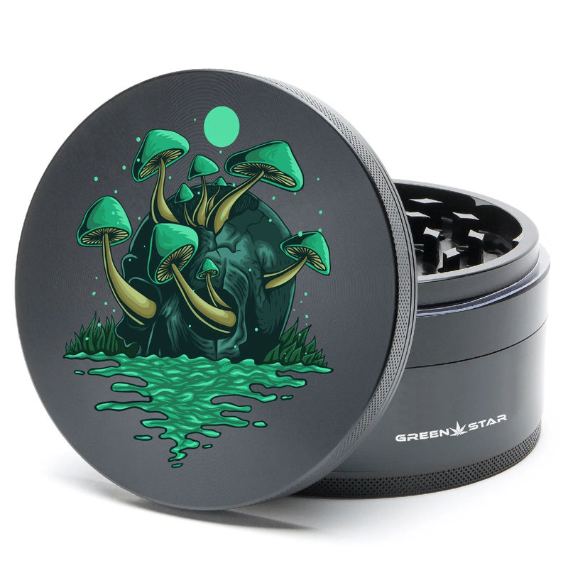 Green Star Scenic Large 4-Piece Grinder - Style:Skull Mushrooms - Color:Black