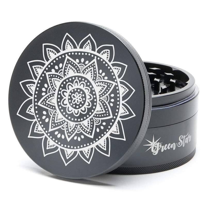 Green Star Novelty Large 4-Piece Grinder - Style:Mandala - Color:Black