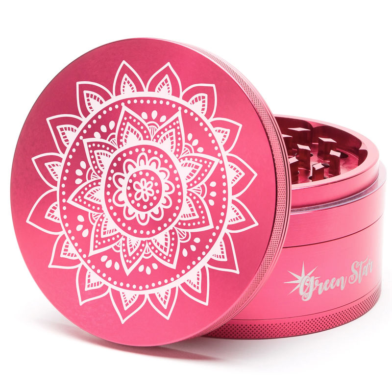 Green Star Novelty Large 4-Piece Grinder - Style:Mandala - Color:Red