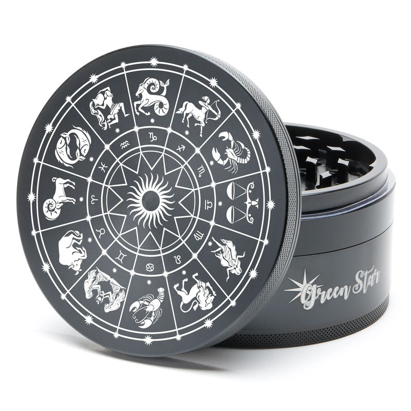 Green Star Novelty Large 4-Piece Grinder - Style:Horoscope - Color:Black