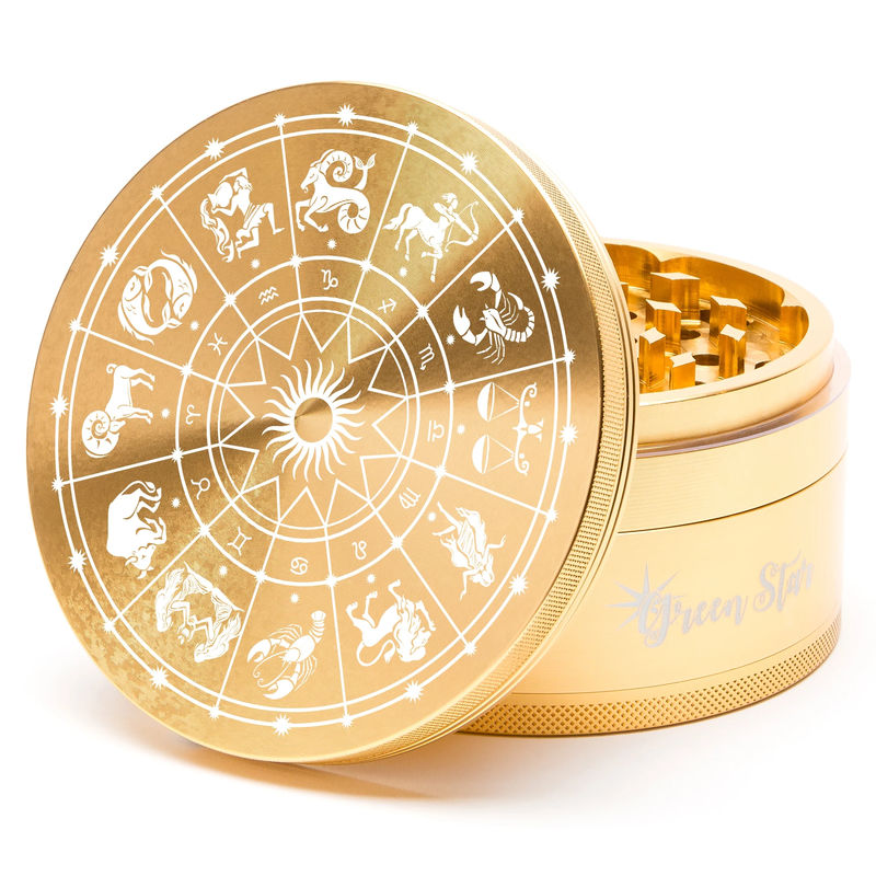 Green Star Novelty Large 4-Piece Grinder - Style:Horoscope - Color:Gold