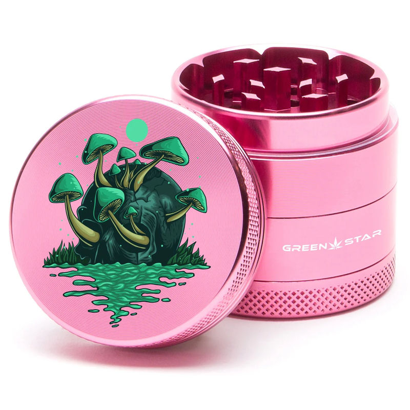 Green Star Scenic Small 4-Piece Grinder - Style:Skull Mushrooms - Color:Pink