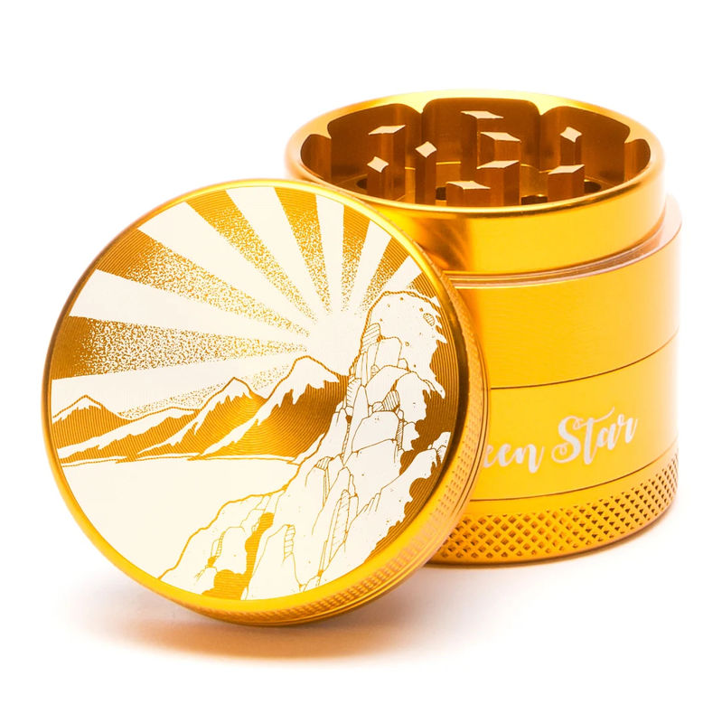 Green Star Scenic Small 4-Piece Grinder - Style:Rising Sun Mountain - Color:Gold
