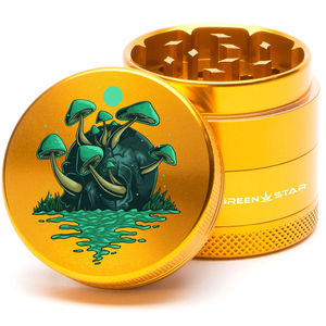 Green Star Scenic Small 4-Piece Grinder - Style:Skull Mushrooms - Color:Gold