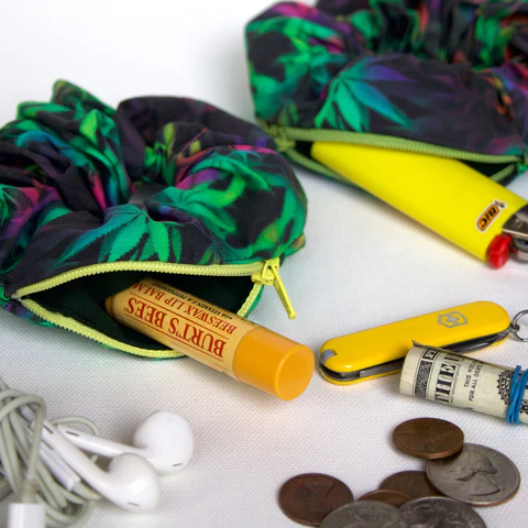 Blue Fiesta Weed Leaf Stash Pocket Hair Scrunchie