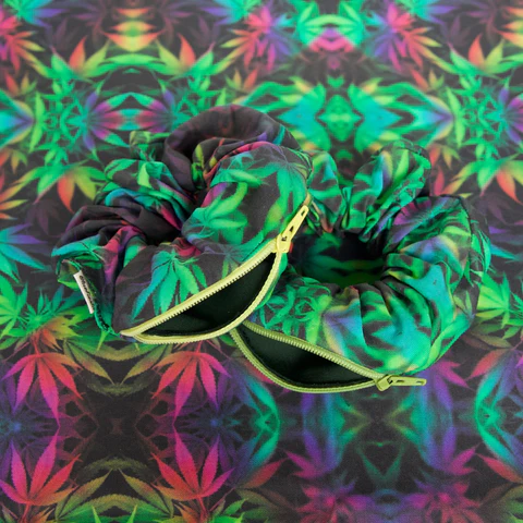 Blue Fiesta Weed Leaf Stash Pocket Hair Scrunchie