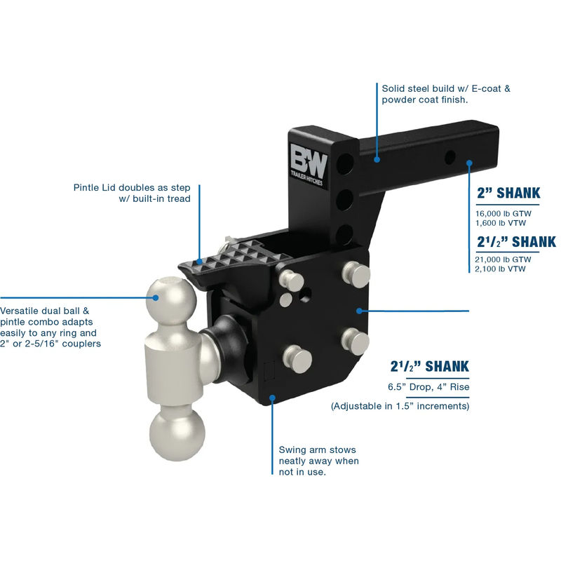 B&W Dual Ball Pintle Tow & Stow Hitch 2.5" Shank