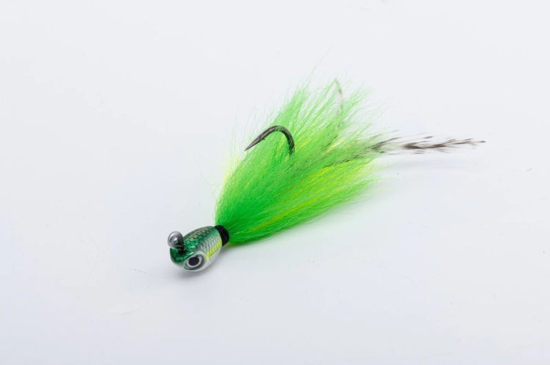 Rooster Bucktail Rattle Jig 1oz - Vense - Color:Gallion - Green/Fluorescent Yellow
