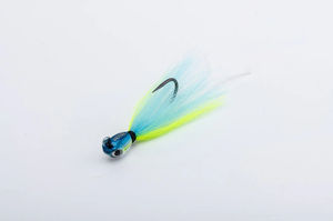 Rooster Bucktail Rattle Jig 1oz - Vense - Color:Giro - Blue/White/Fluorescent Yellow